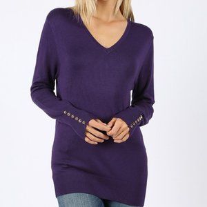 Long Sleeve V Neck Sweater with Gold Button